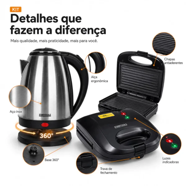 Startools Chaleira Eletrica em Aço Inox, Sanduicheira Grill 2 em 1 - Seu dia a dia mais completo.